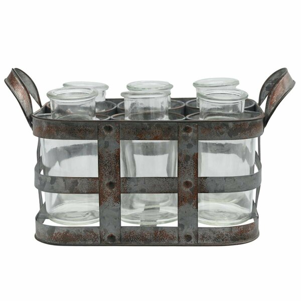 H2H Metal Bud Vase Holder with Side Handles & 6 Clear Round Bottles, Tarnished Gray H22503179